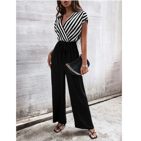 Striped Top V-Neck Surplice Short Sleeve White Black Wide Leg Jumpsuit - Picture 6 of 14